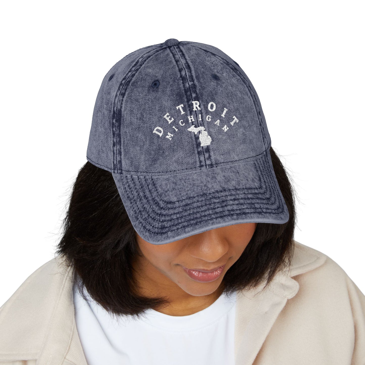 Vintage Distressed Embroidered Baseball Cap — Detroit, Michigan (white lettering)