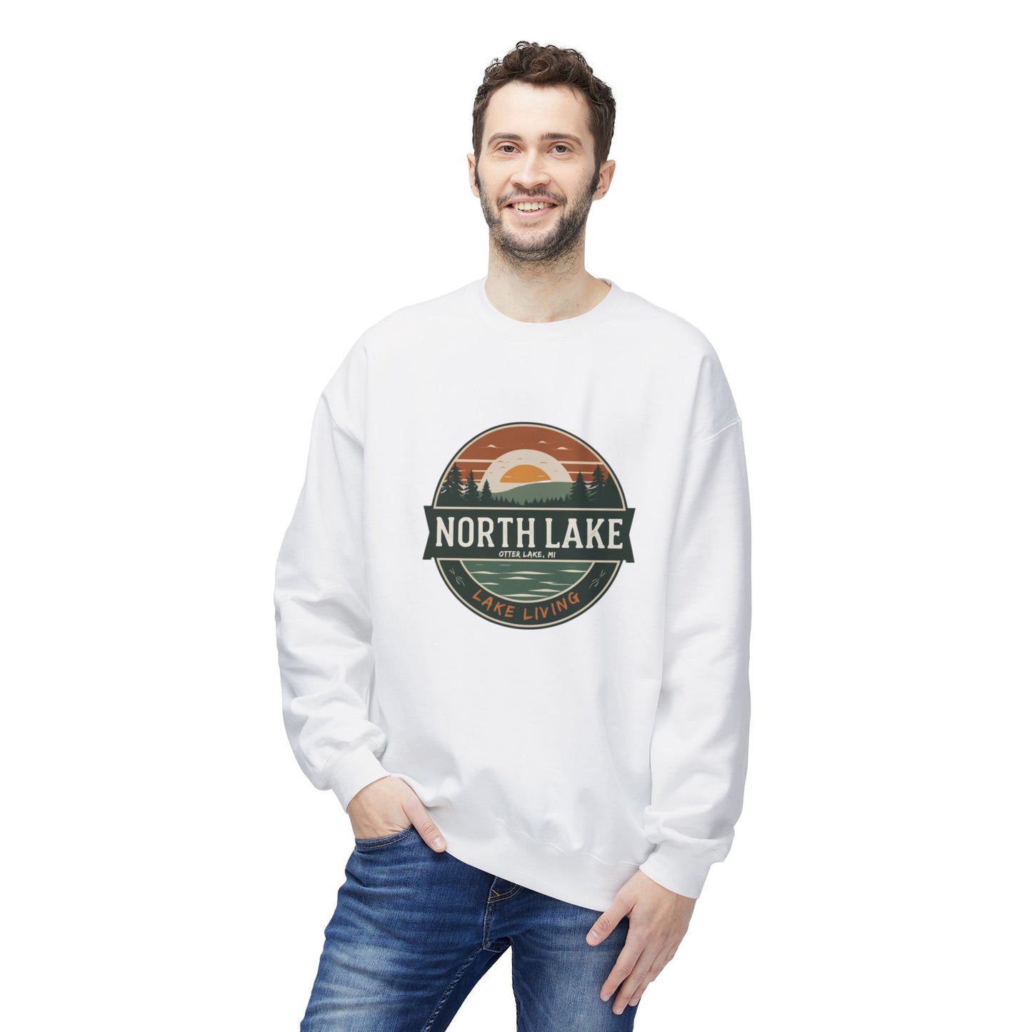 North Lake Crewneck Sweatshirt - Vintage Sunset Graphic