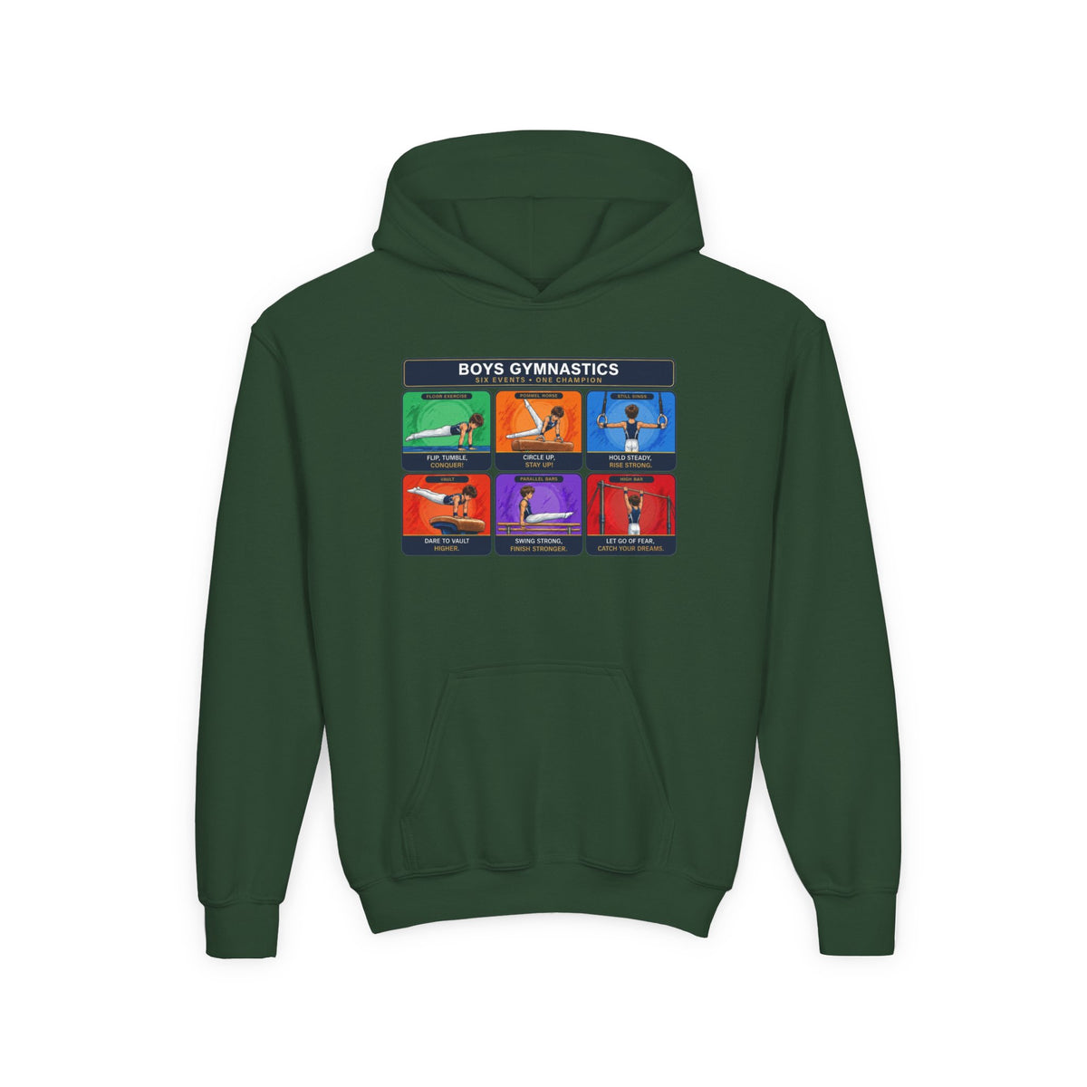 Boys Gymnastics Sweatshirt (Hoodie) — Six Events One Champion Youth Pullover | Gymnast Gift