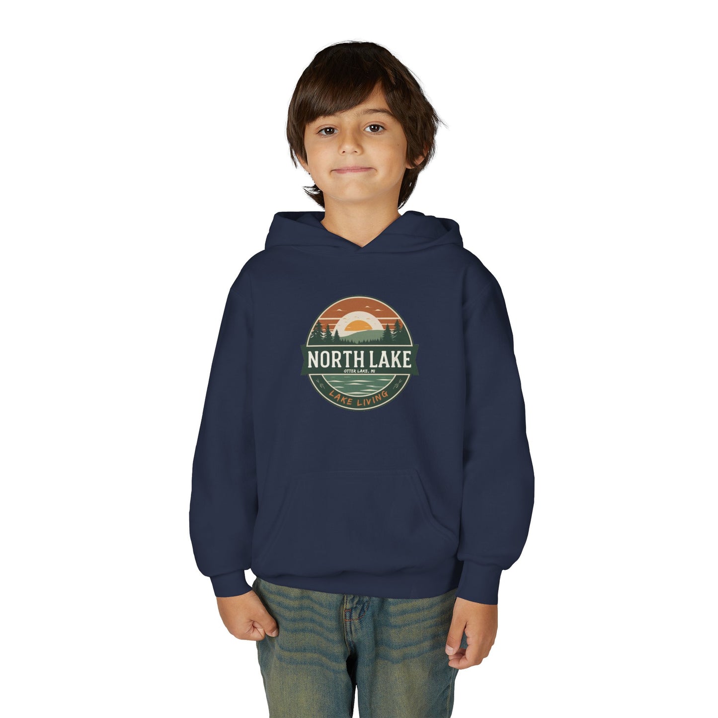 North Lake Youth Hoodie Sweatshirt — Vintage Sunset Graphic