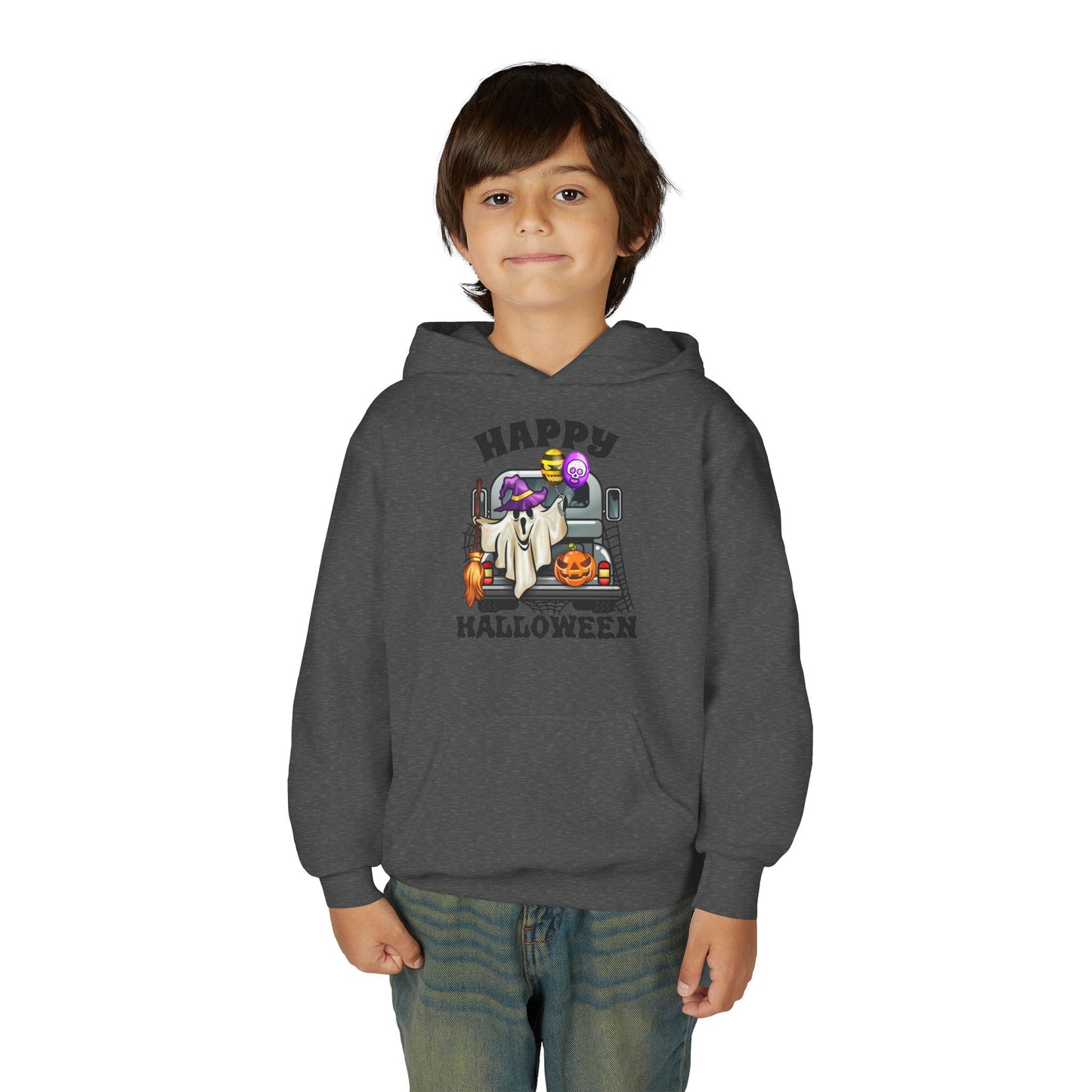 Youth Heavy Blend Hooded Sweatshirt: Trunk or Treat Happy Halloween