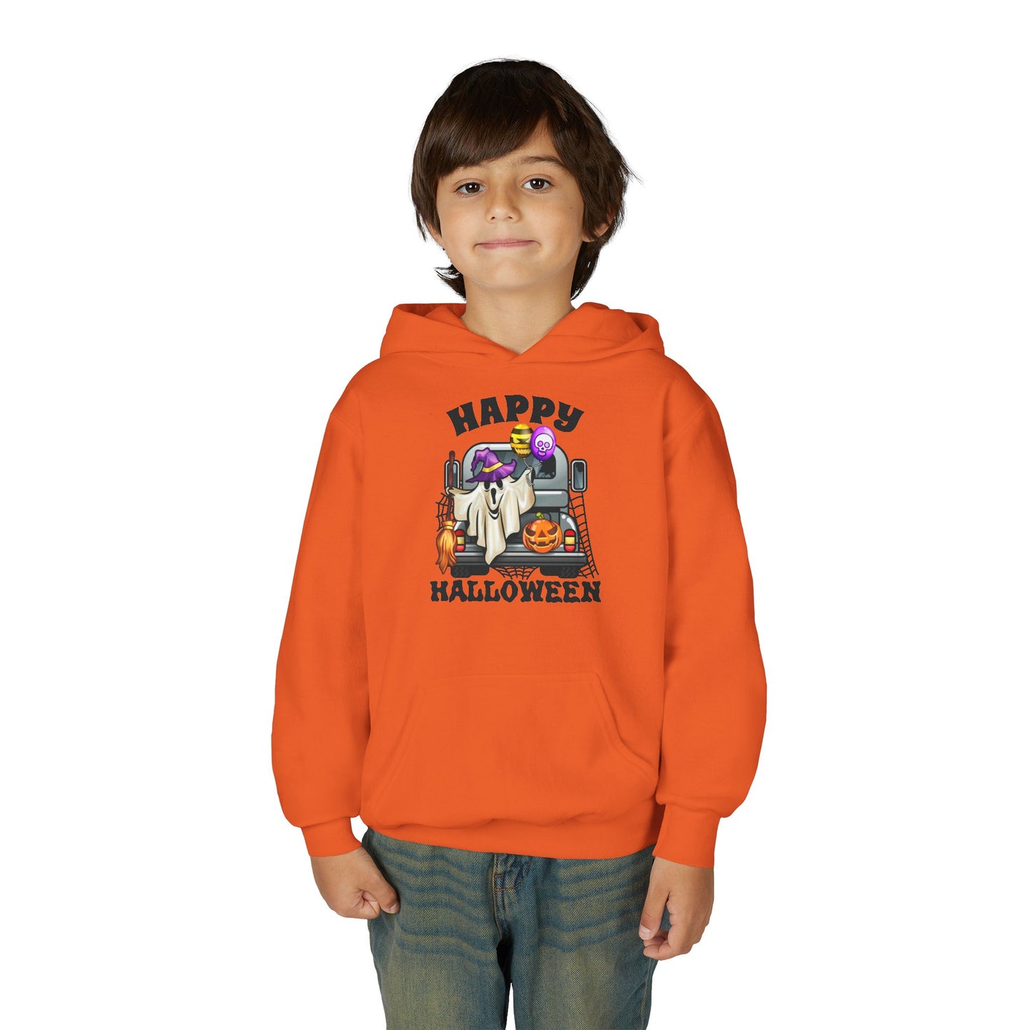 Youth Heavy Blend Hooded Sweatshirt: Trunk or Treat Happy Halloween