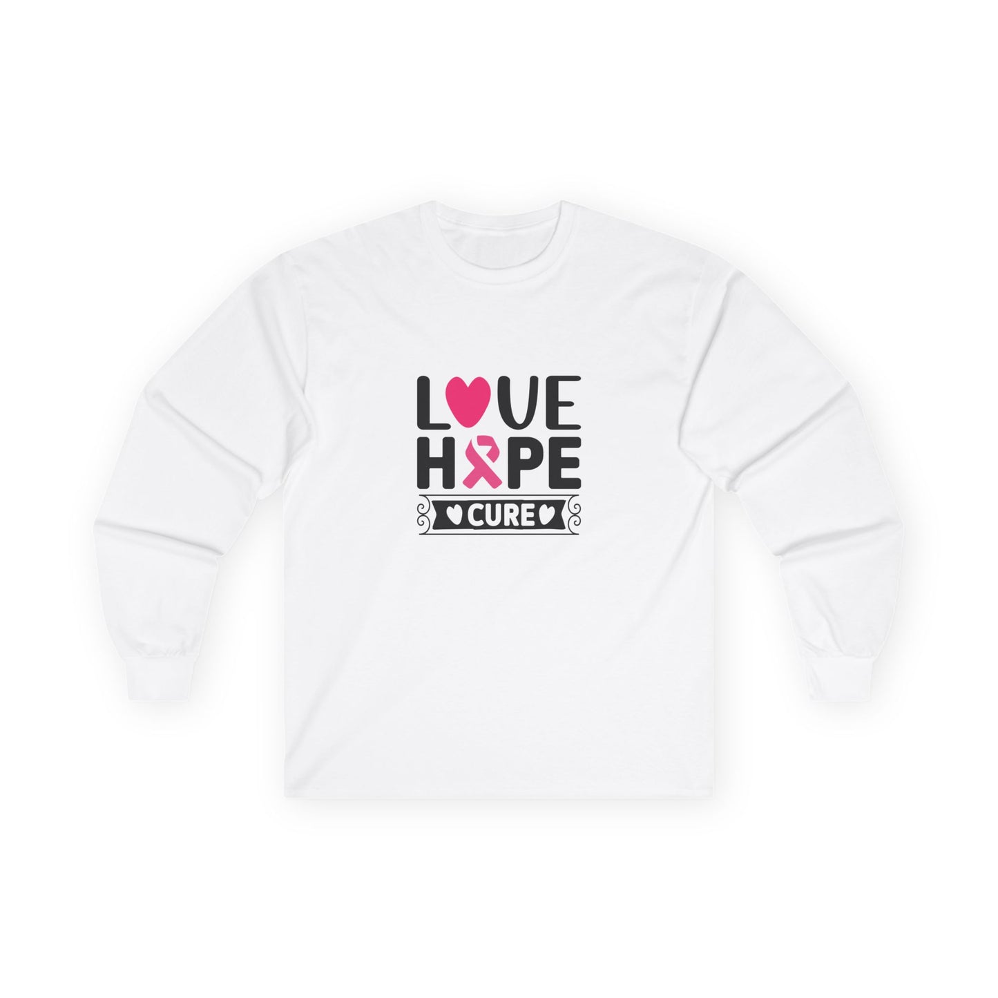 Ultra Cotton Long Sleeve Tee: Love-Hope-Cure breast cancer