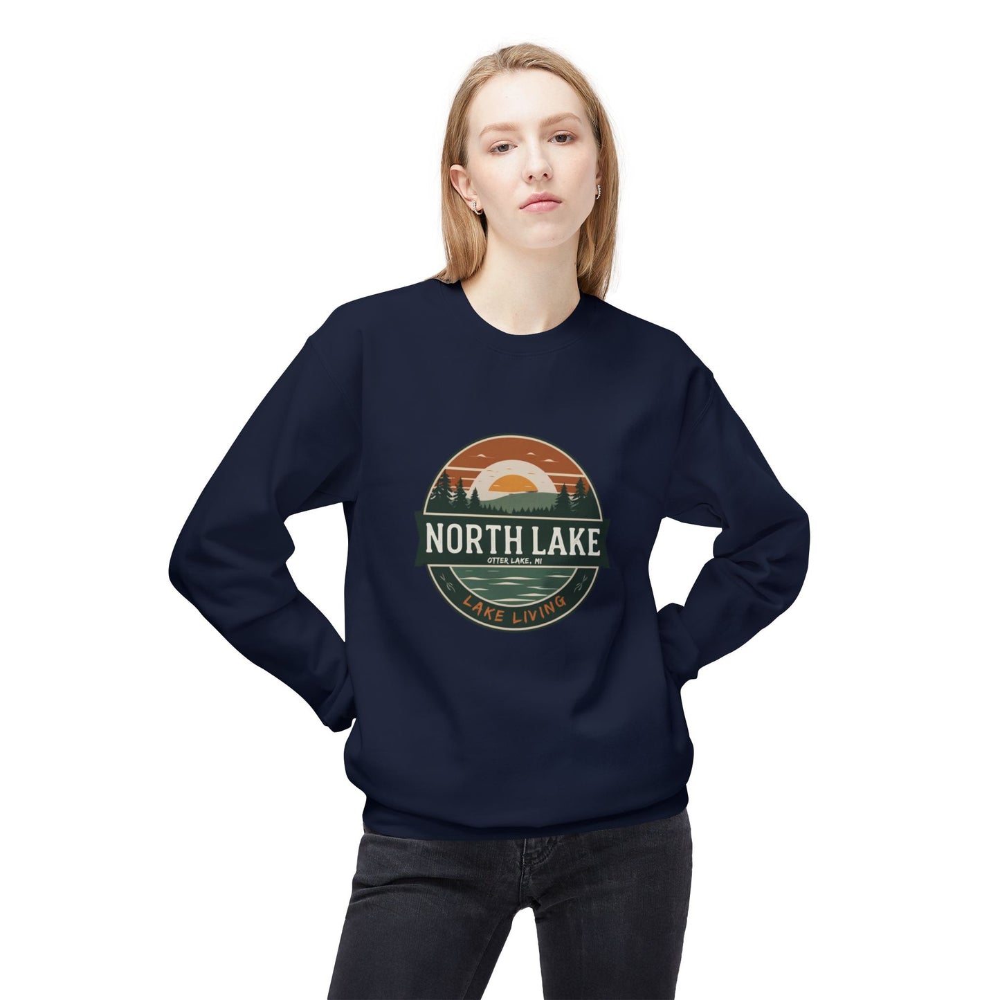 North Lake Crewneck Sweatshirt - Vintage Sunset Graphic