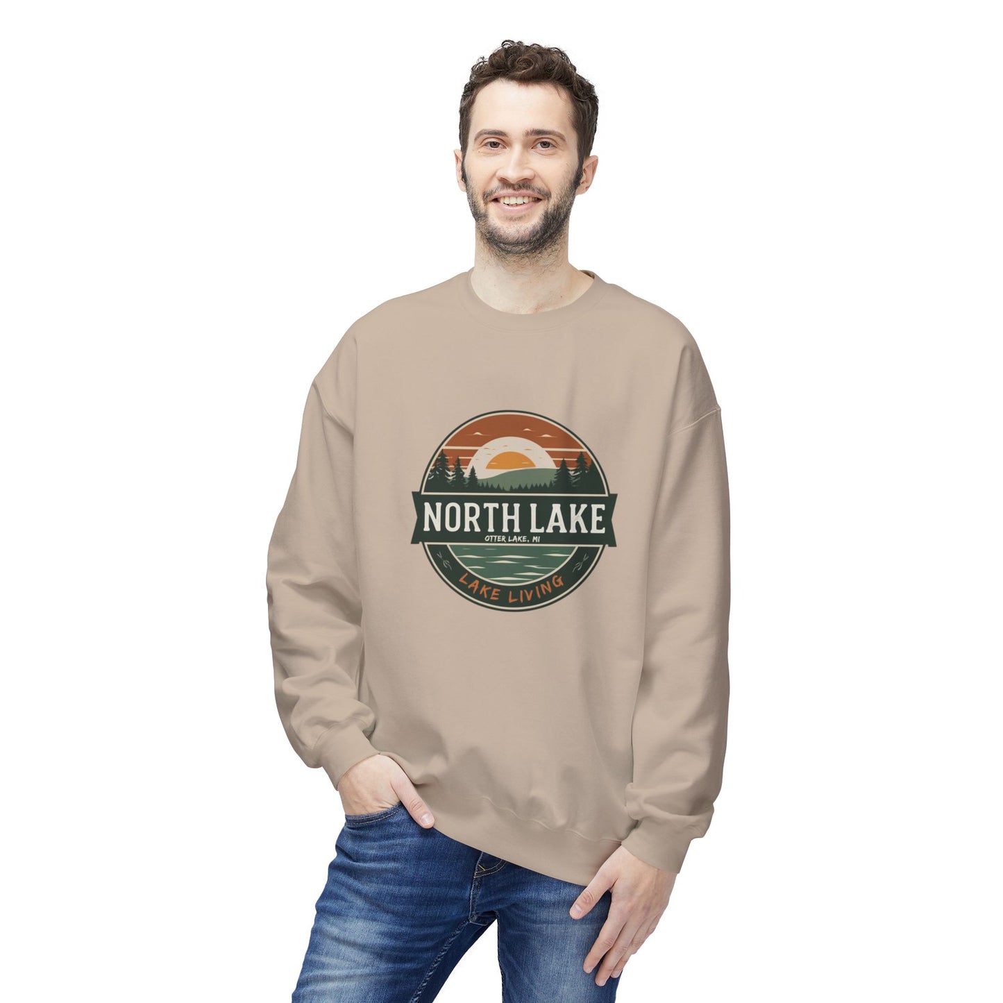 North Lake Crewneck Sweatshirt - Vintage Sunset Graphic