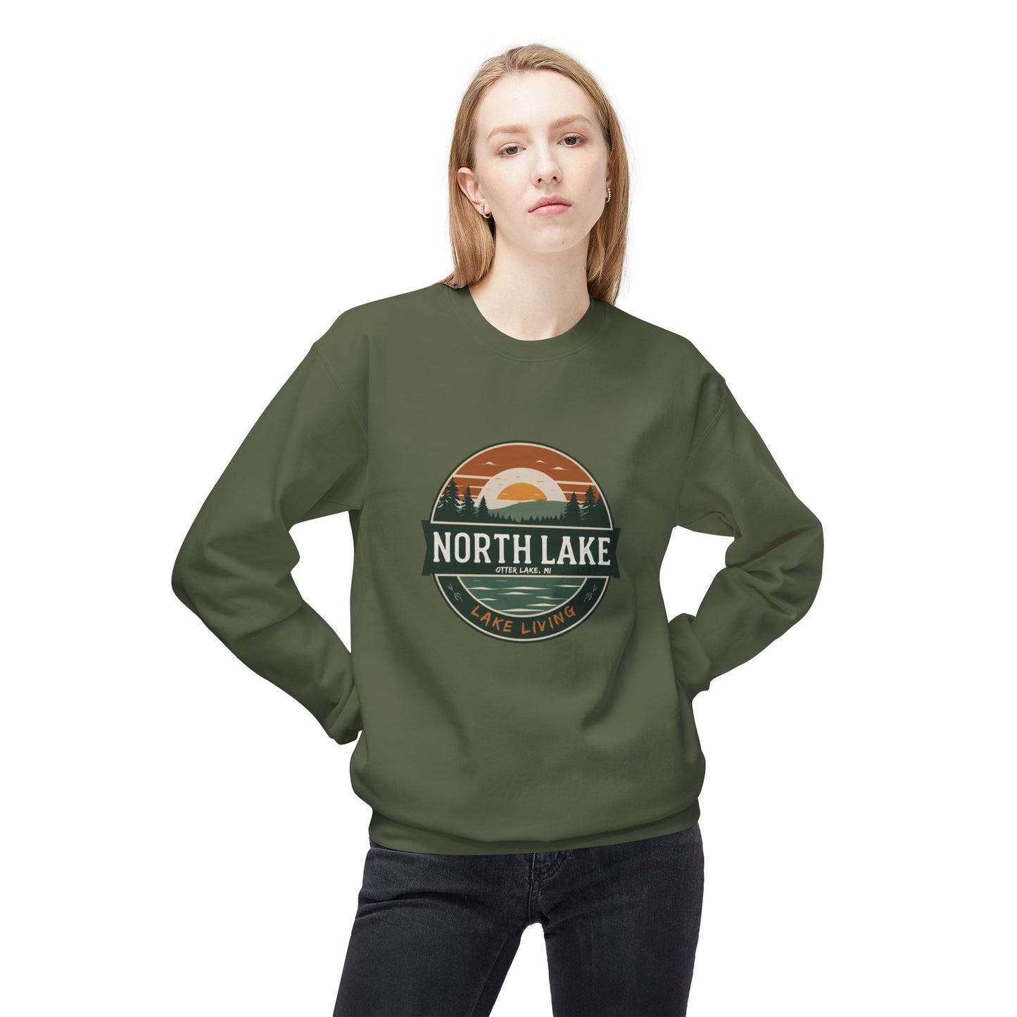 North Lake Crewneck Sweatshirt - Vintage Sunset Graphic