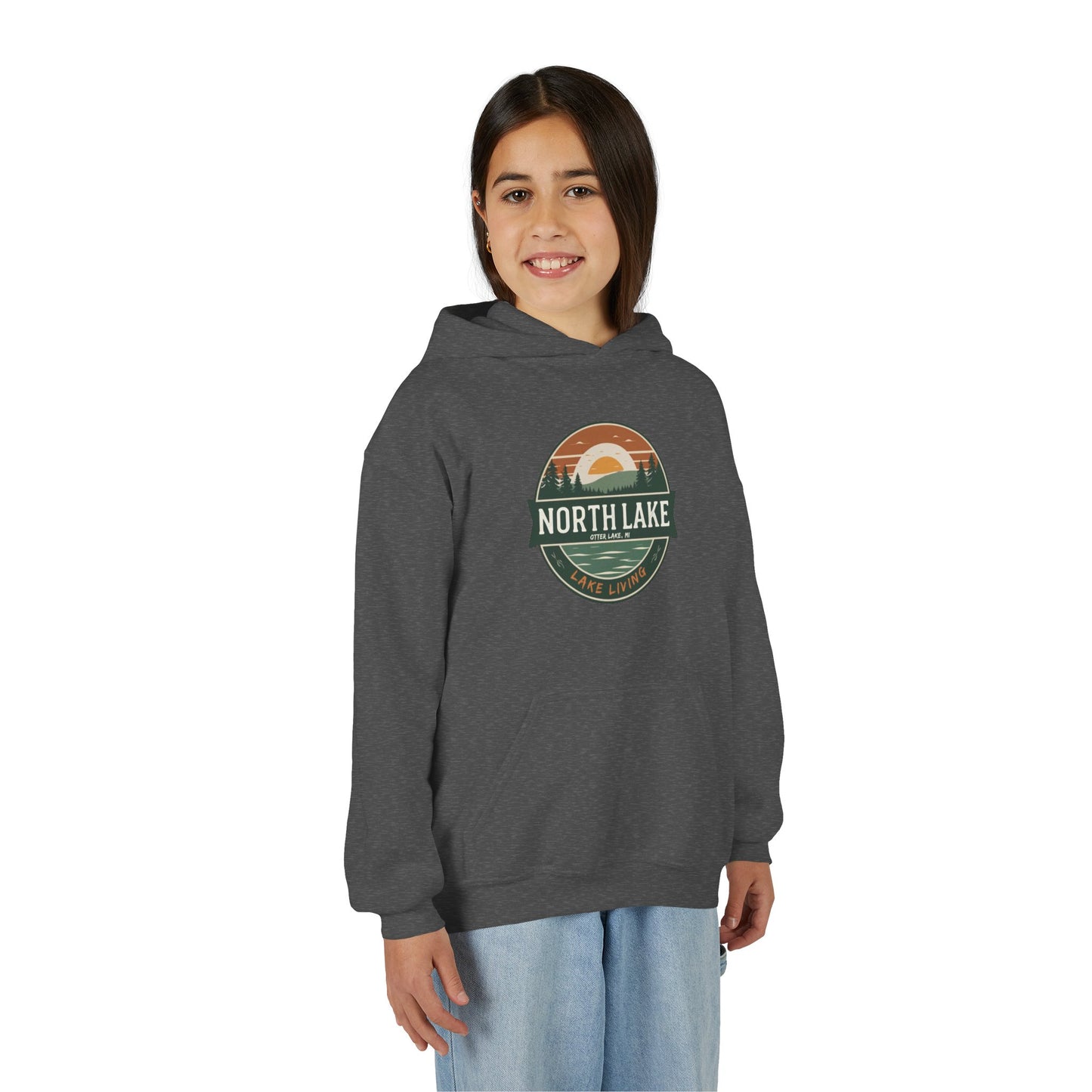 North Lake Youth Hoodie Sweatshirt — Vintage Sunset Graphic