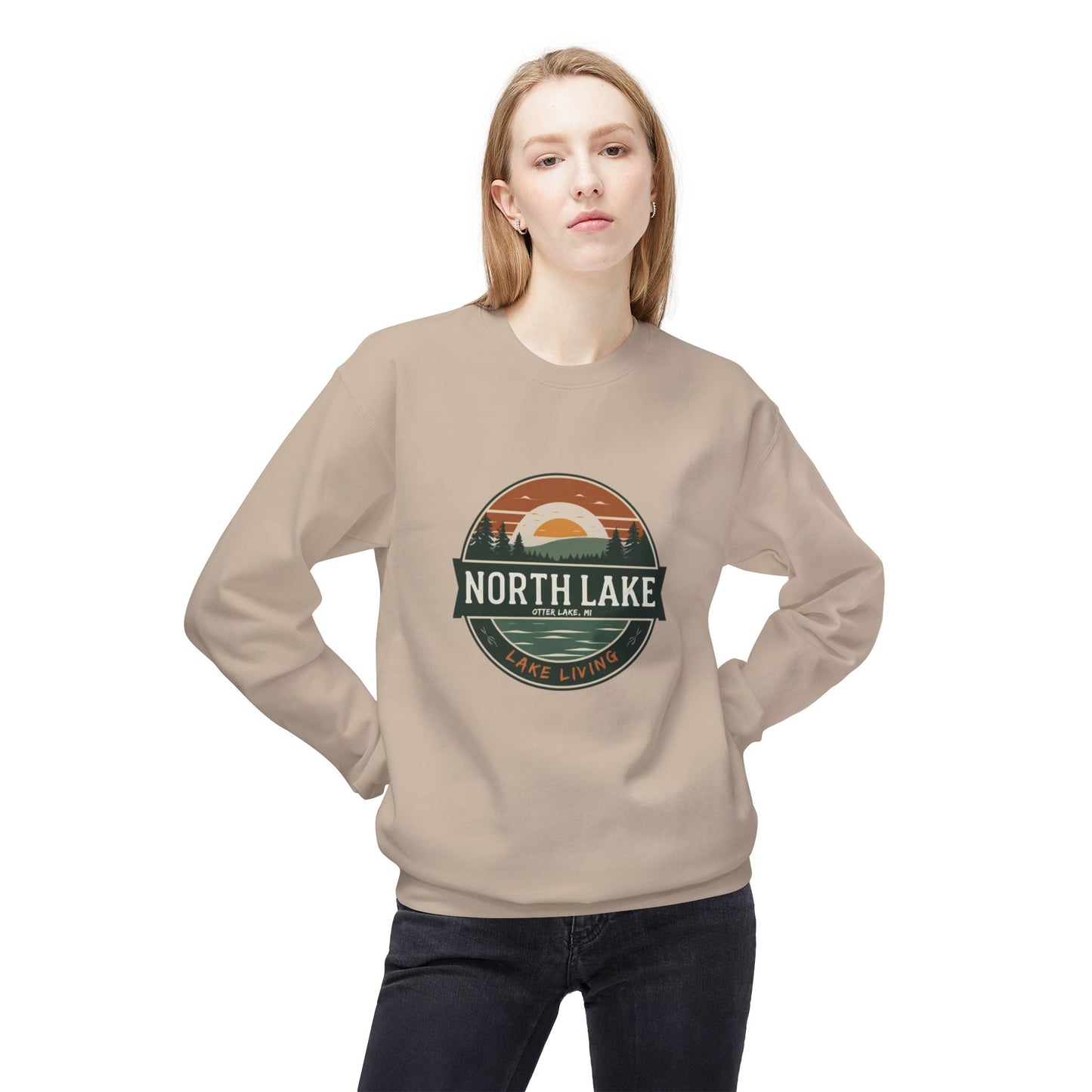 North Lake Crewneck Sweatshirt - Vintage Sunset Graphic