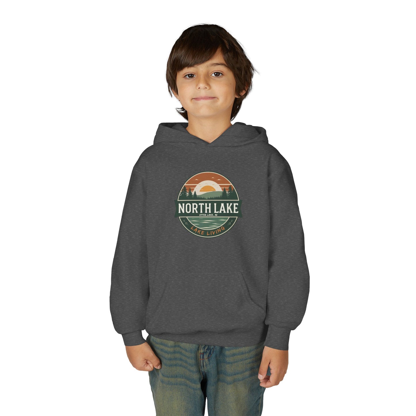 North Lake Youth Hoodie Sweatshirt — Vintage Sunset Graphic