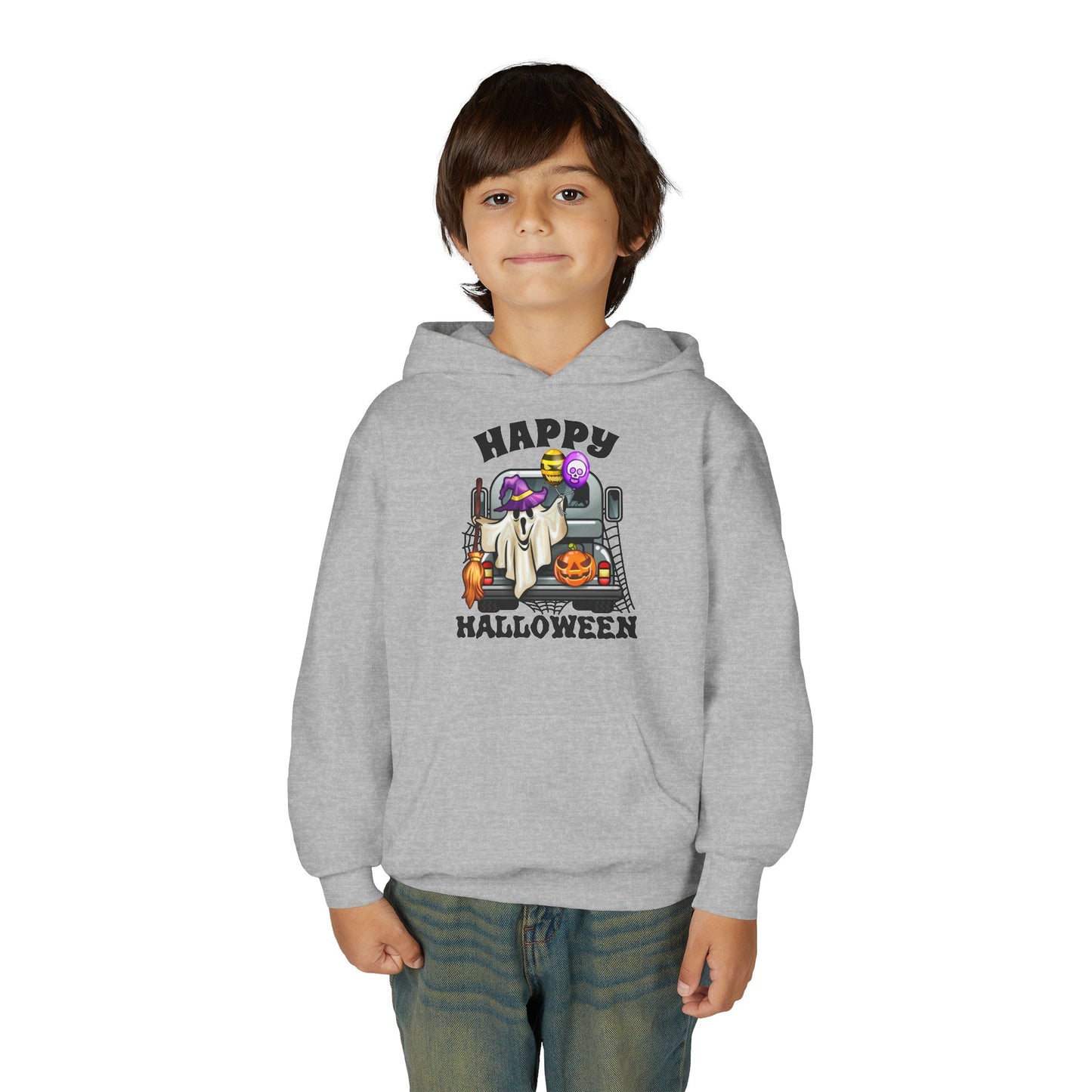 Youth Heavy Blend Hooded Sweatshirt: Trunk or Treat Happy Halloween