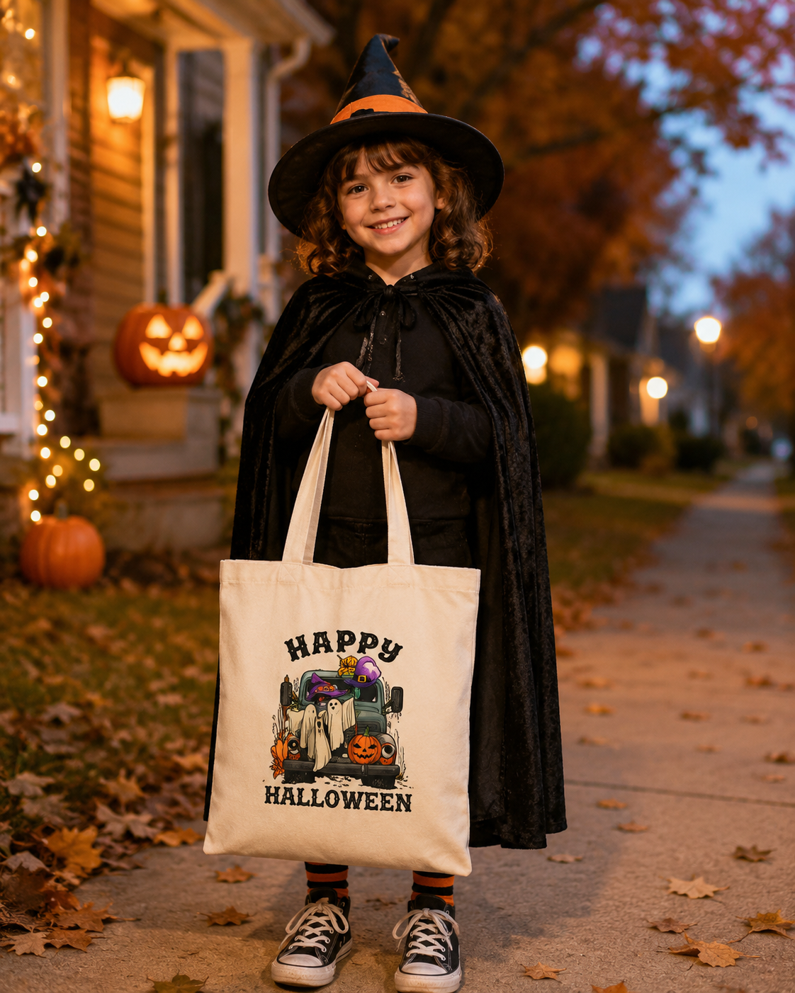 Halloween Trick-or-Treat Cotton Canvas Tote Bag - "Happy Halloween"