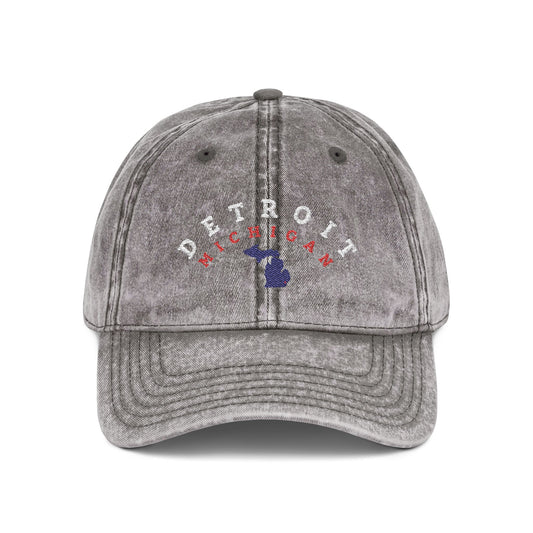 Baseball Cap — Vintage Distressed Embroidered - Detroit, Michigan (red, white, blue)