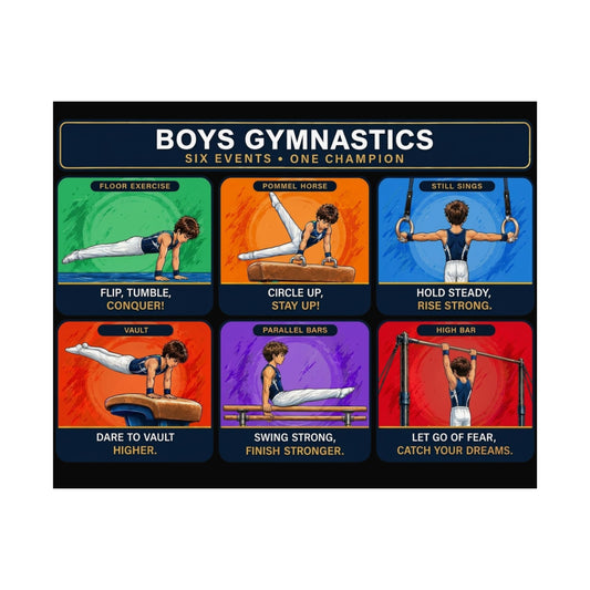 Boys Gymnastics Poster 16x20 - Floor, Pommel, Rings, Vault, Parallel & High Bar - Gym Decor, Boys Room Decor