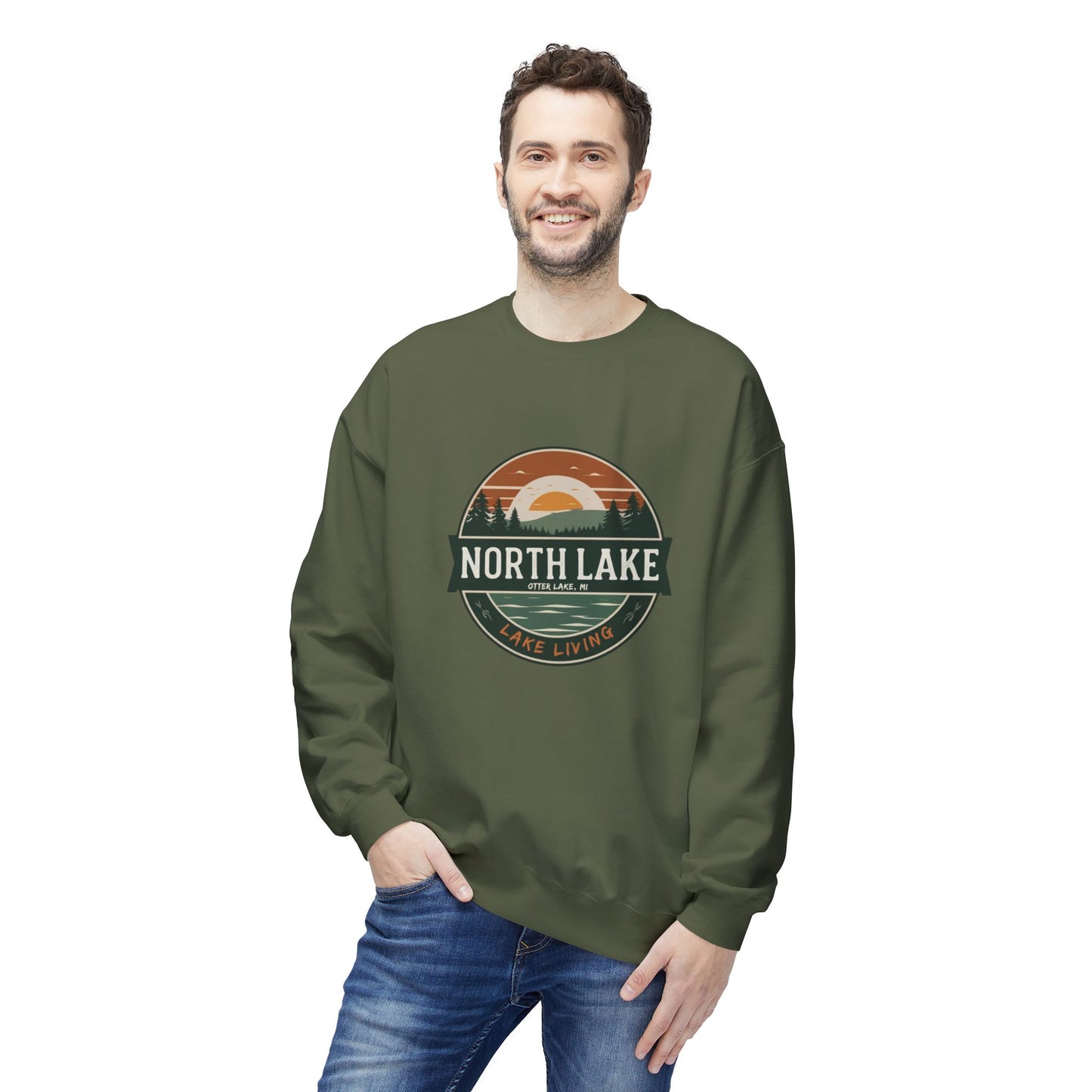 North Lake Crewneck Sweatshirt - Vintage Sunset Graphic