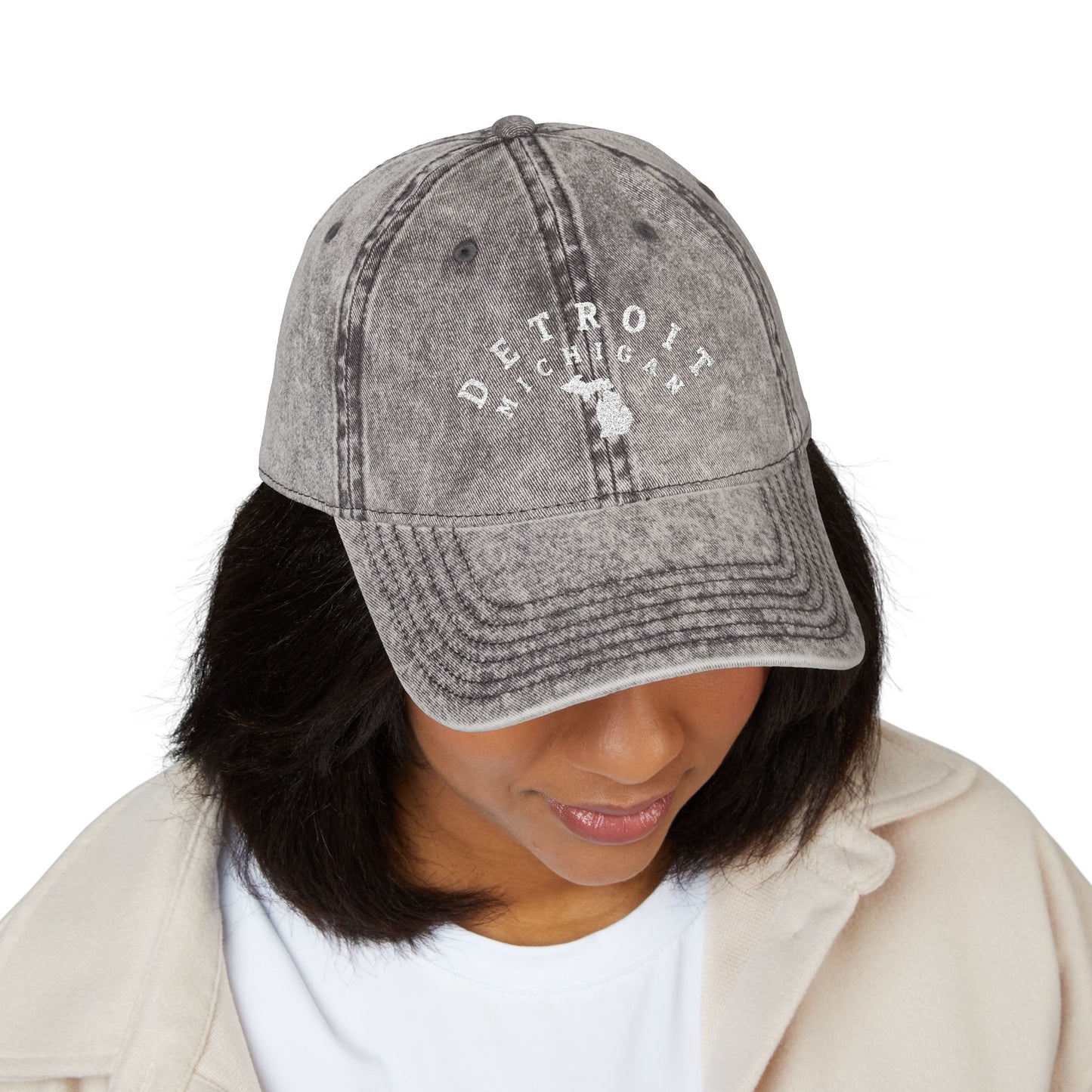 Vintage Distressed Embroidered Baseball Cap — Detroit, Michigan (white lettering)