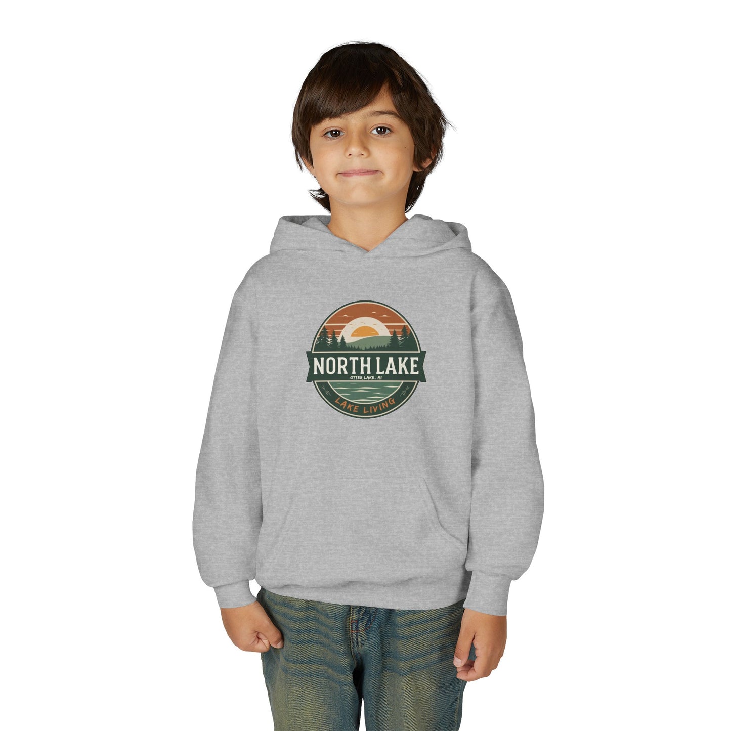 North Lake Youth Hoodie Sweatshirt — Vintage Sunset Graphic