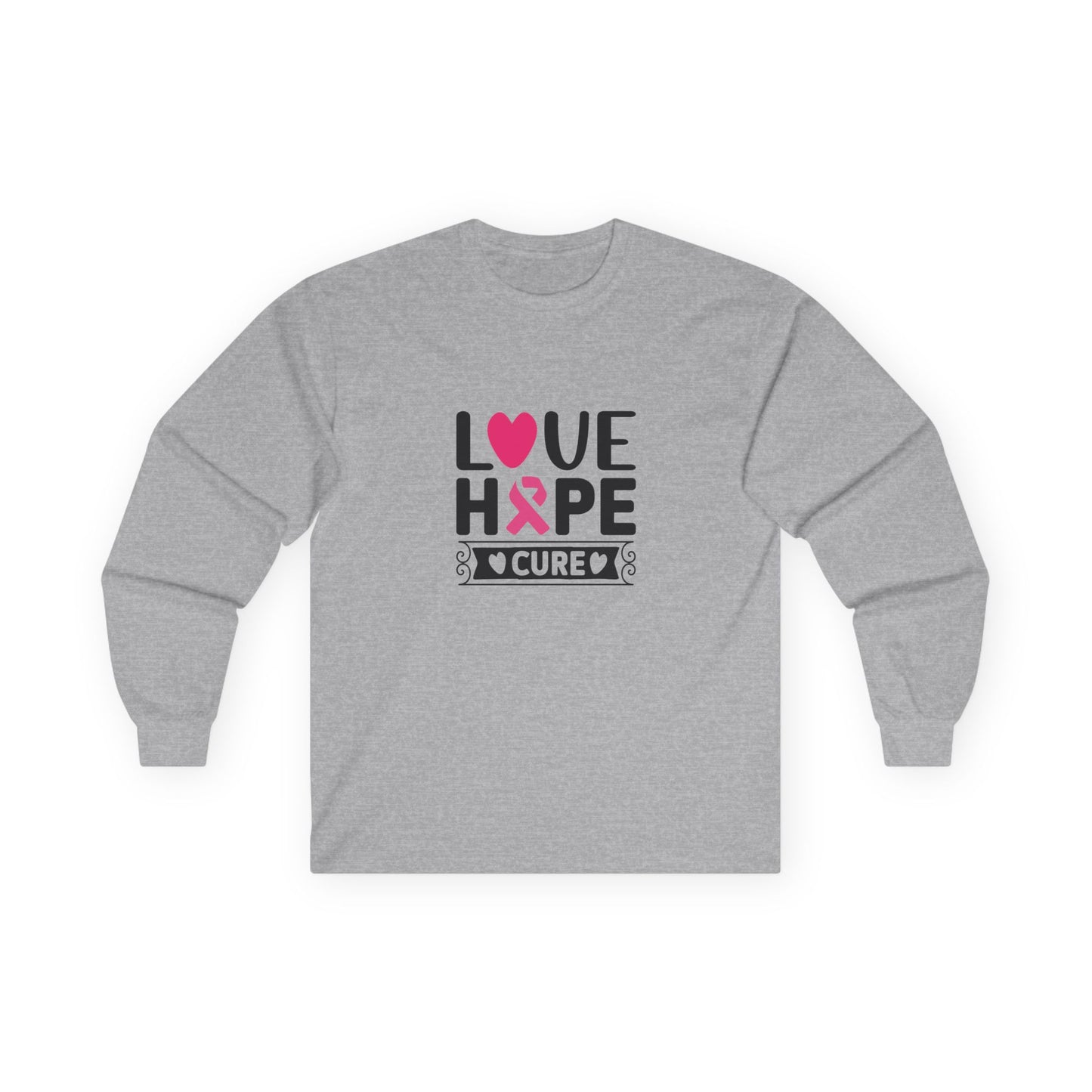 Ultra Cotton Long Sleeve Tee: Love-Hope-Cure breast cancer