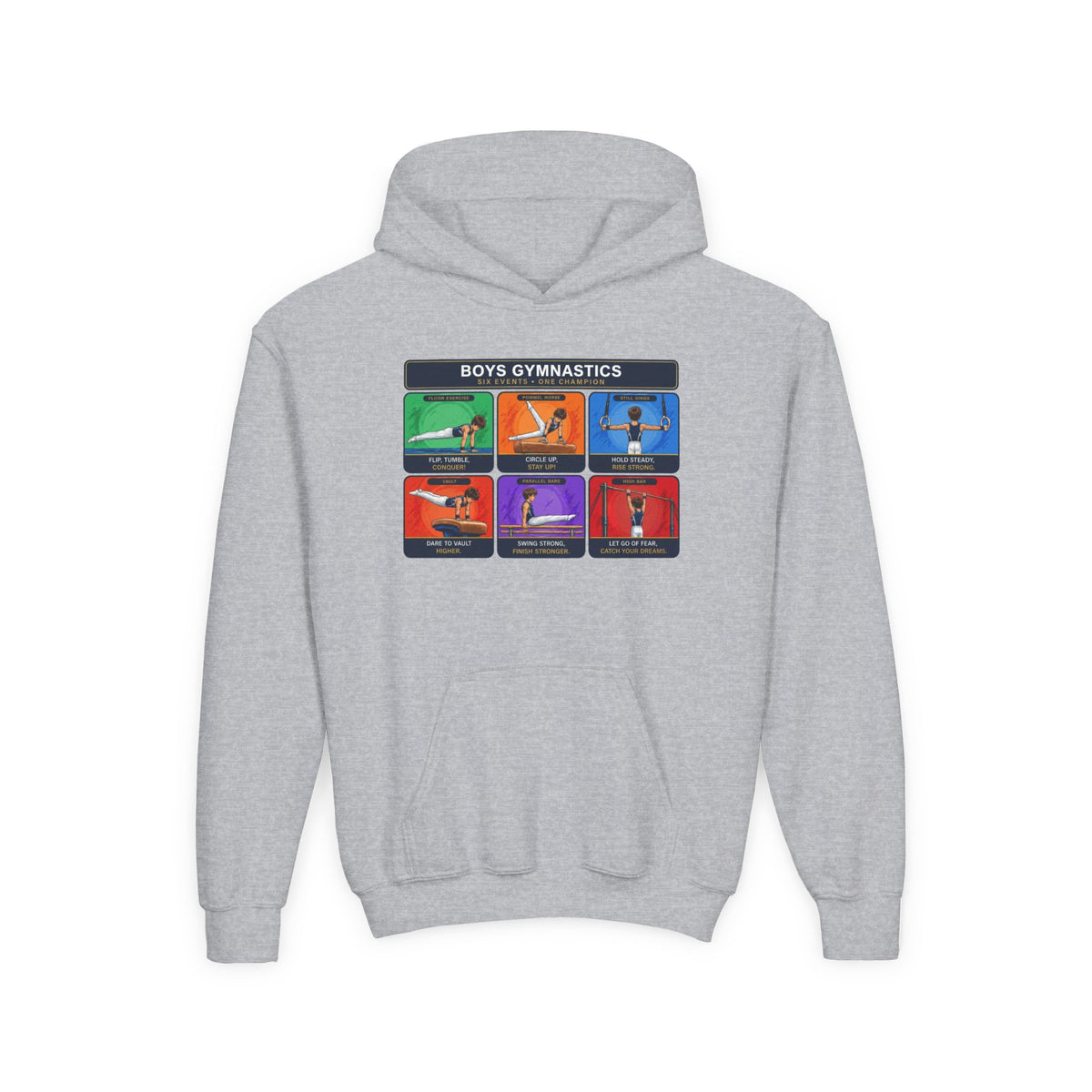 Boys Gymnastics Sweatshirt (Hoodie) — Six Events One Champion Youth Pullover | Gymnast Gift