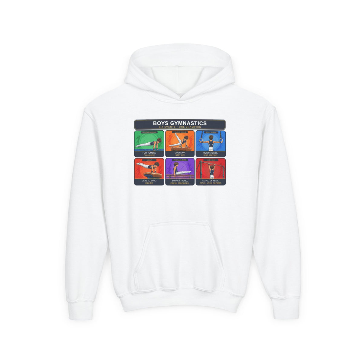 Boys Gymnastics Sweatshirt (Hoodie) — Six Events One Champion Youth Pullover | Gymnast Gift